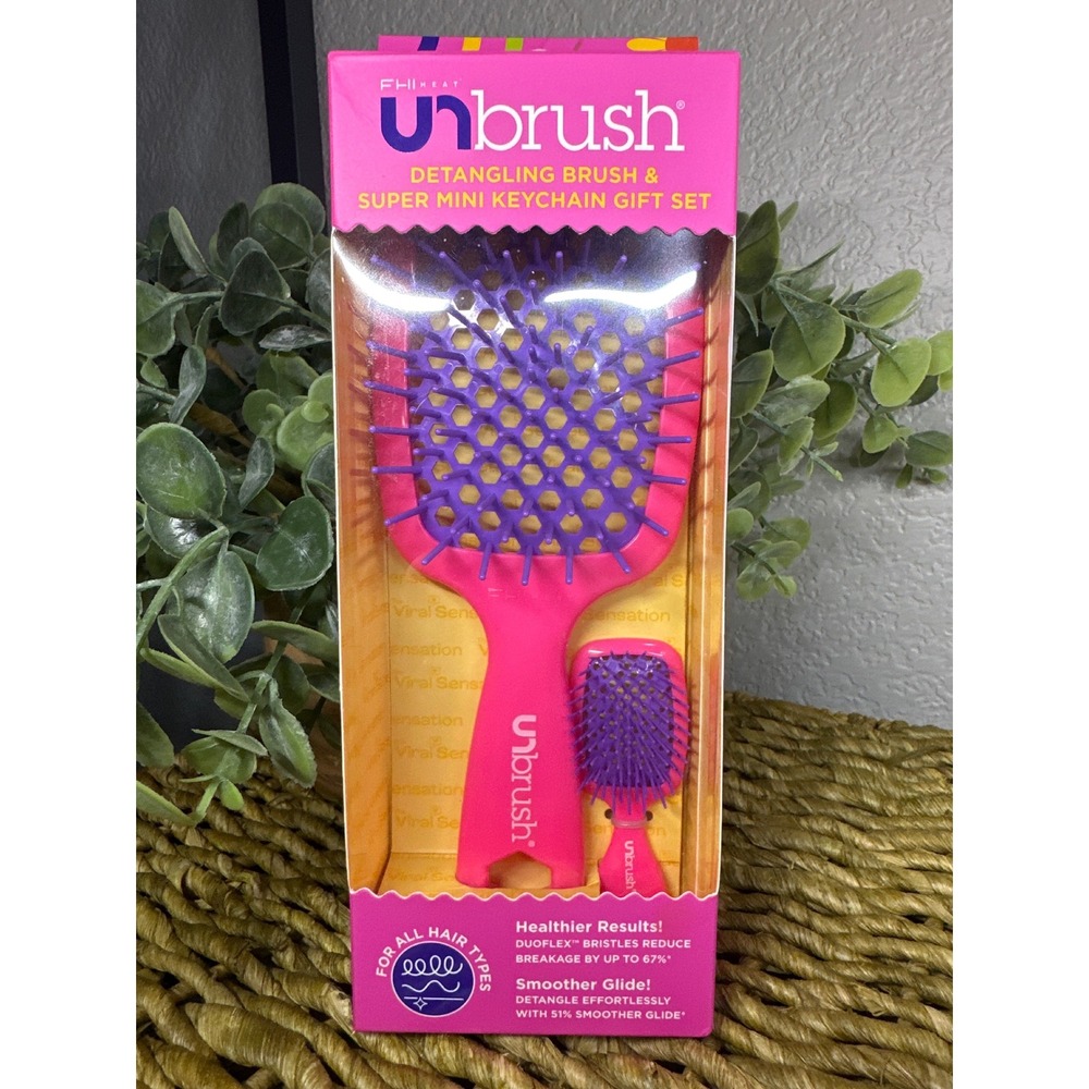 FHI Heat UNbrush Detangling Brush and Super Mini Keychain Gift Set Pink Purple